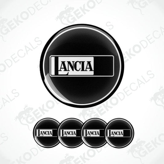 A set of four black vinyl stickers with the word 'LANCIA' printed on them, designed to be used as car decals.