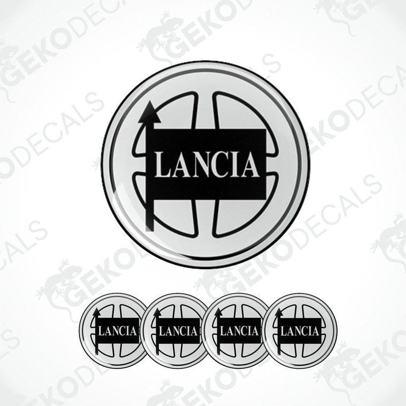 Set of four black and white vinyl decals with the LANCIA brand logo.