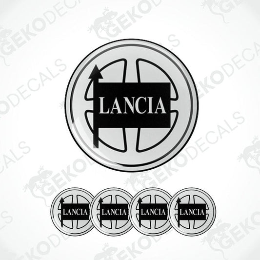 Set of four black and white vinyl decals with the LANCIA brand logo.
