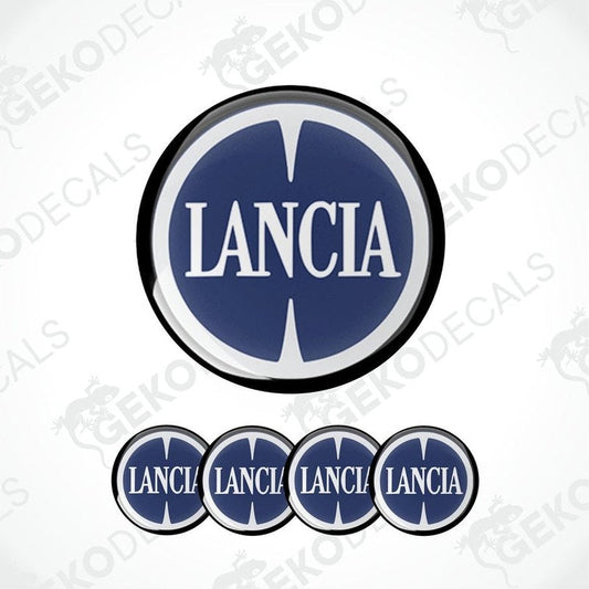 Set of four blue vinyl decals with the LANCIA logo in white, displayed on a white background.