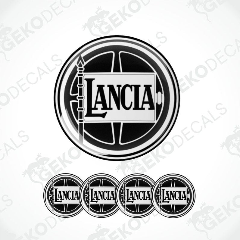 A set of four black vinyl stickers with the LANCIA brand logo, designed in a circular domed shape for use as car decals.