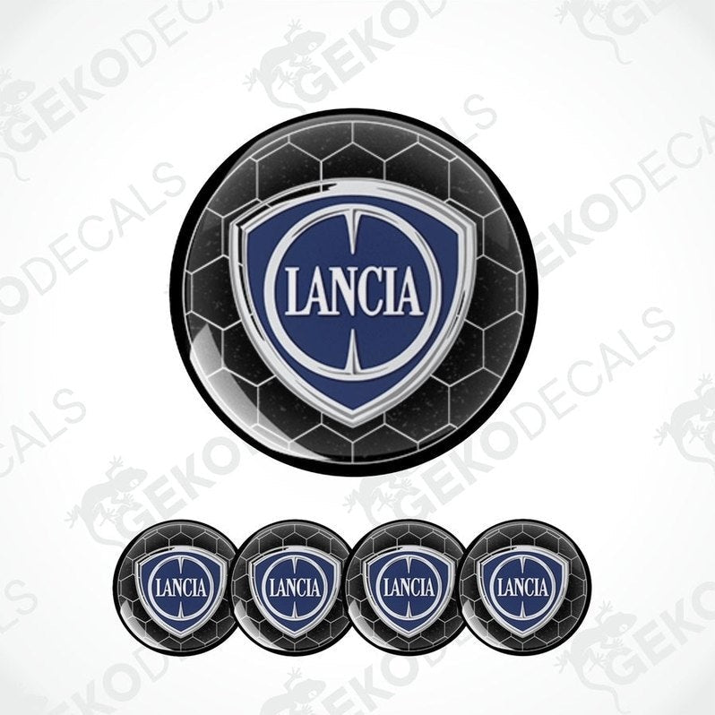 A set of four black vinyl stickers with the LANCIA brand logo in white and blue.