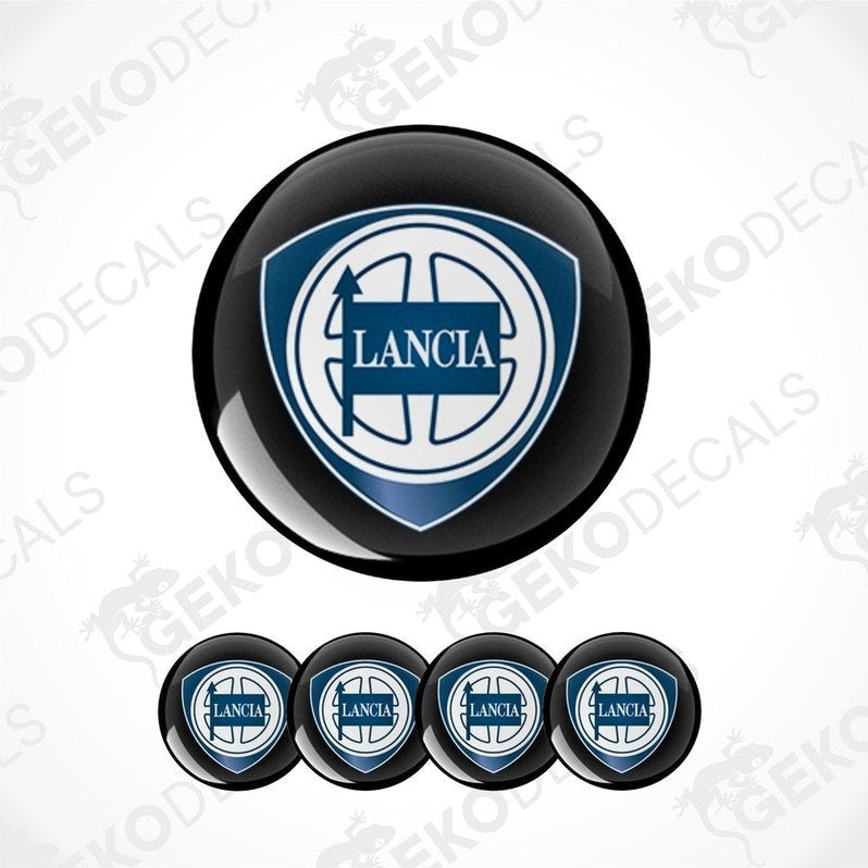Set of four round car decals with the LANCIA logo in blue and white on a black background.