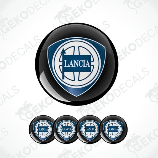 Set of four round car decals with the LANCIA logo in blue and white on a black background.