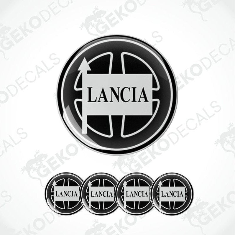 Set of four black and white vinyl decals with the LANCIA brand logo.
