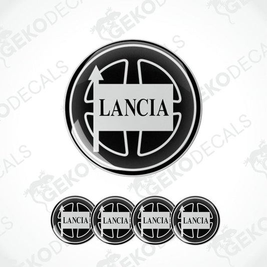 Set of four black and white vinyl decals with the LANCIA brand logo.