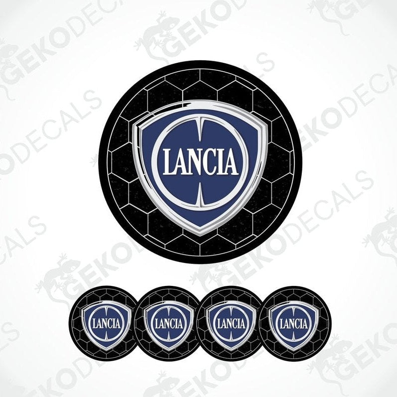 A set of four black vinyl stickers with the LANCIA brand logo in white and blue.