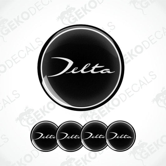 Set of four black vinyl decals with the text 'LANCIA Delta' on them, presented against a white background.