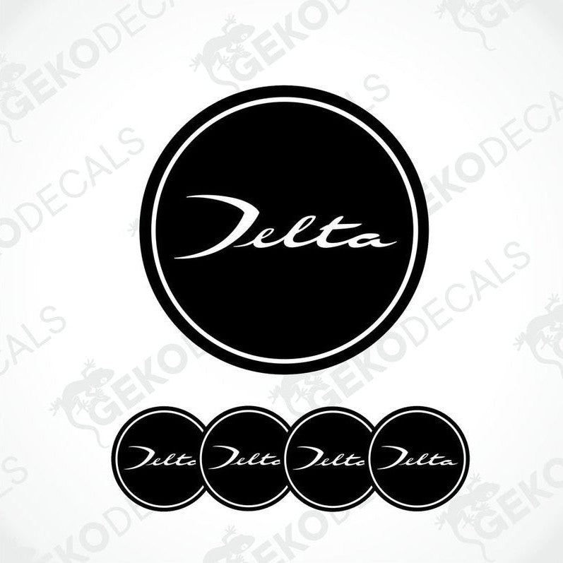 Set of four black vinyl decals with the text 'LANCIA Delta' on them, presented against a white background.