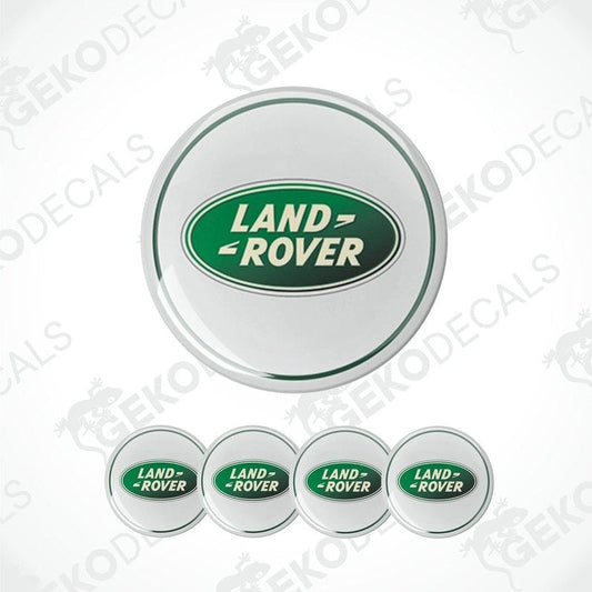 A set of four white vinyl stickers with the 'Land Rover' brand logo in green, displayed on a white background.