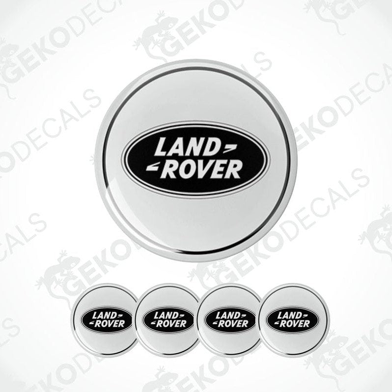 A set of four round car decals with the Land Rover logo in black on a white background.
