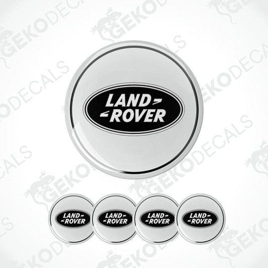 A set of four round car decals with the Land Rover logo in black on a white background.