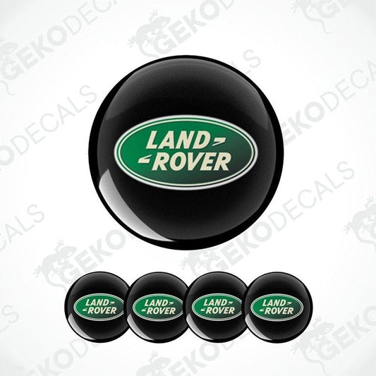 A set of four vinyl decals with polyurethane coating featuring the Land Rover logo, displayed on a white background.