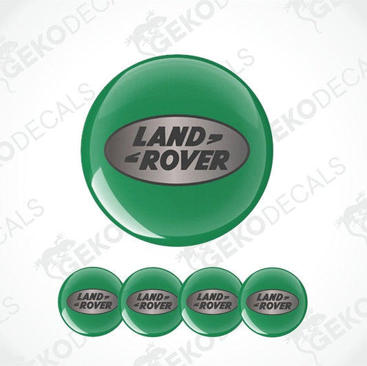 A set of four green vinyl stickers with the 'LAND ROVER' brand logo, displayed with the Gecko Decals logo.