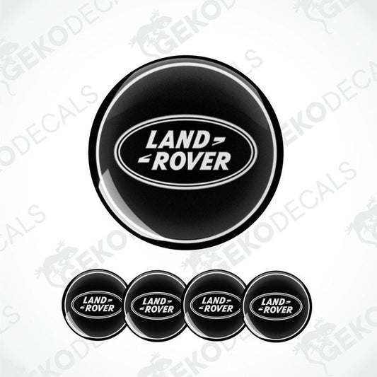 A set of four black vinyl stickers with the 'LAND ROVER' text embossed on them, displayed against a white background.