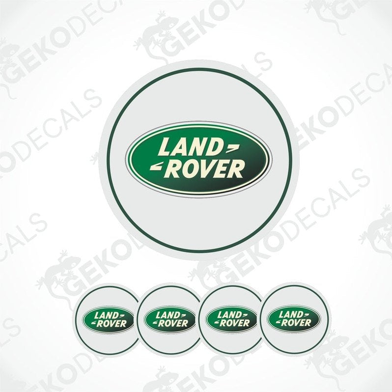 A set of four white vinyl stickers with the 'Land Rover' brand logo in green, displayed on a white background.