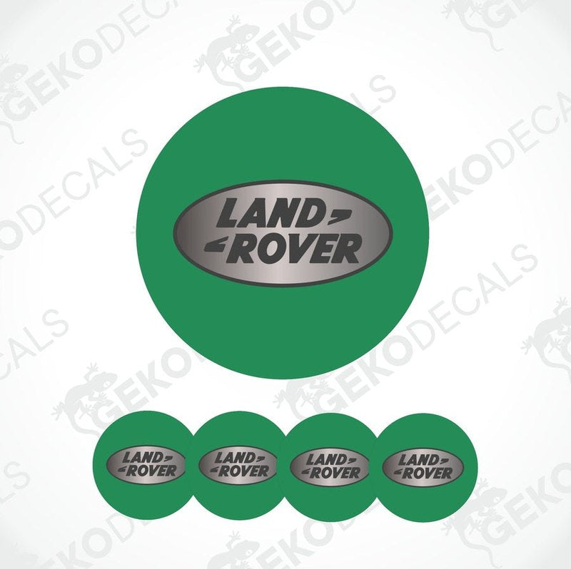 A set of four green vinyl stickers with the 'LAND ROVER' brand logo, displayed with the Gecko Decals logo.