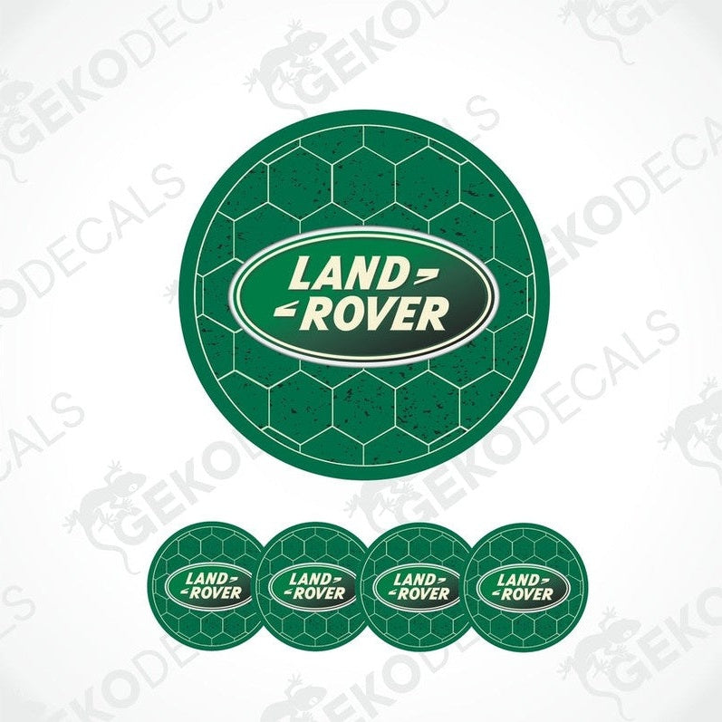 A set of round green car decals with the Land Rover logo in the center, displayed on a white background.