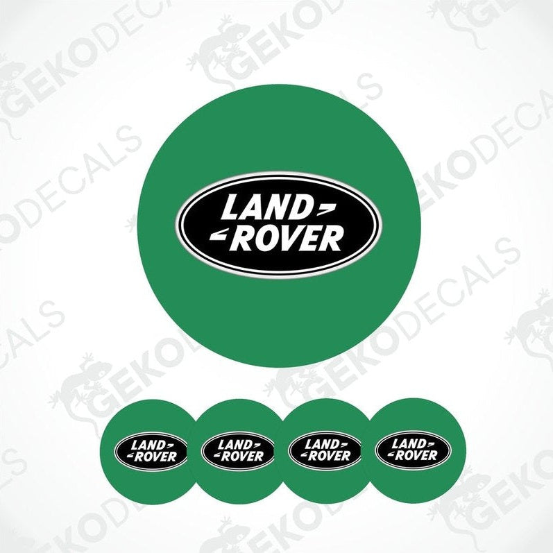 A set of four green vinyl stickers with the 'LAND ROVER' brand logo on them, designed for use as car decals.