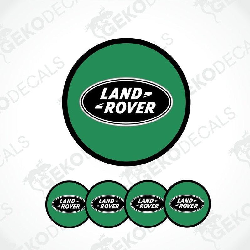 A set of four green vinyl stickers with the 'LAND ROVER' brand logo on them, designed for use as car decals.