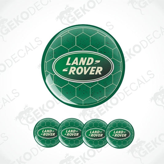 A set of round green car decals with the Land Rover logo in the center, displayed on a white background.