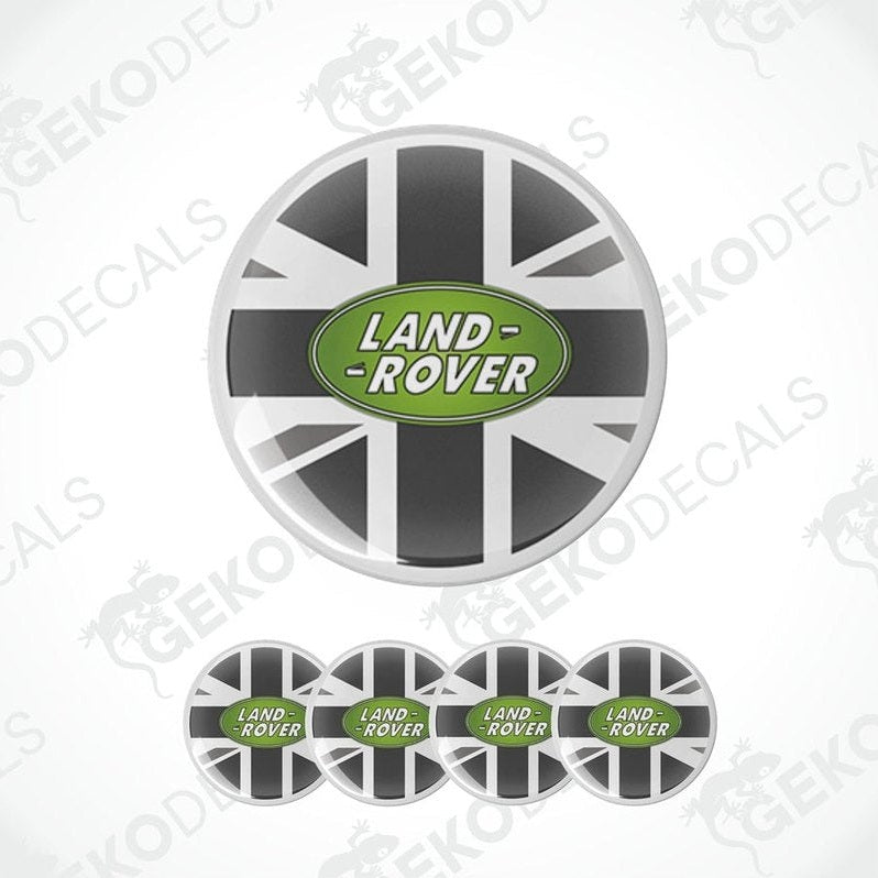 A set of vinyl decals with a Land Rover logo, featuring a Union Jack design.