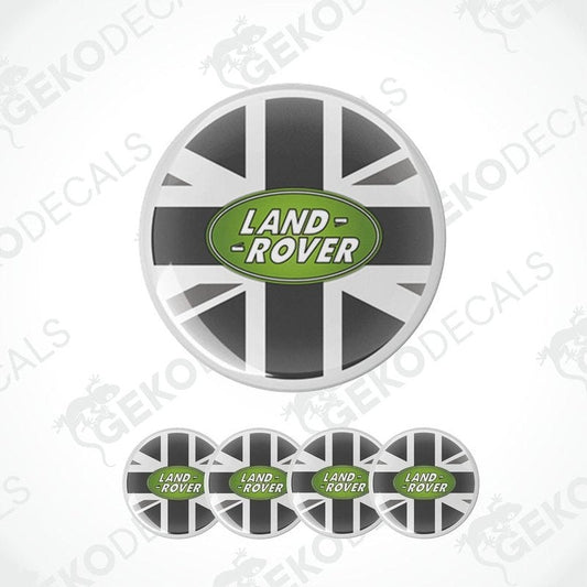 A set of vinyl decals with a Land Rover logo, featuring a Union Jack design.
