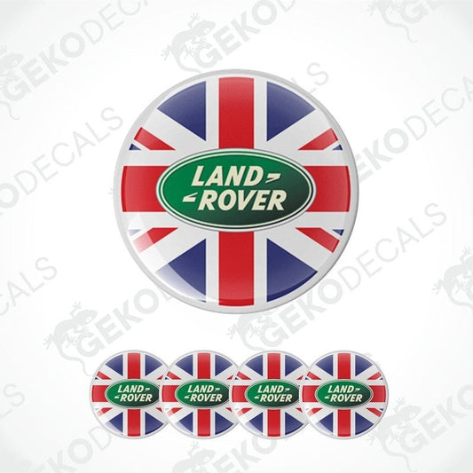 A set of vinyl decals with a Union Jack design and the 'LAND ROVER' brand logo, intended for use as car stickers.