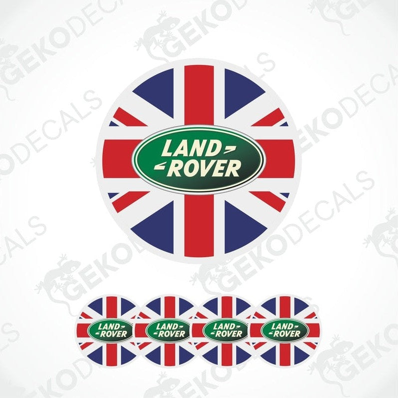 A set of vinyl decals with a Union Jack design and the 'LAND ROVER' brand logo, intended for use as car stickers.
