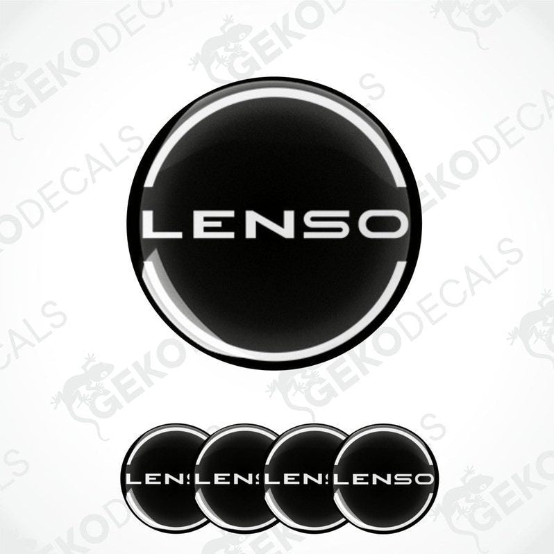 A set of four vinyl decals with 'LENSO' branding, predominantly black in color with a white outline and white lettering.