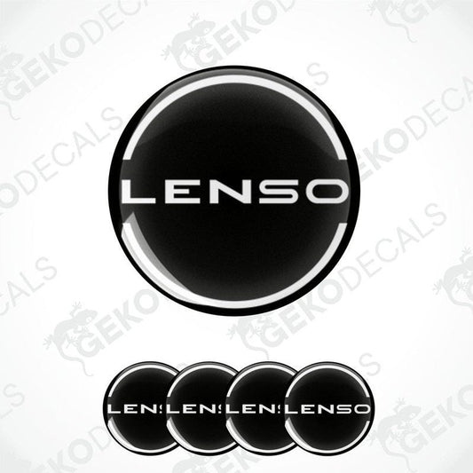 A set of four vinyl decals with 'LENSO' branding, predominantly black in color with a white outline and white lettering.