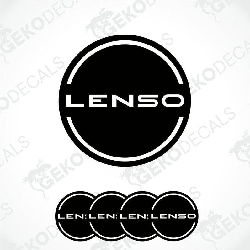 A set of four vinyl decals with 'LENSO' branding, predominantly black in color with a white outline and white lettering.