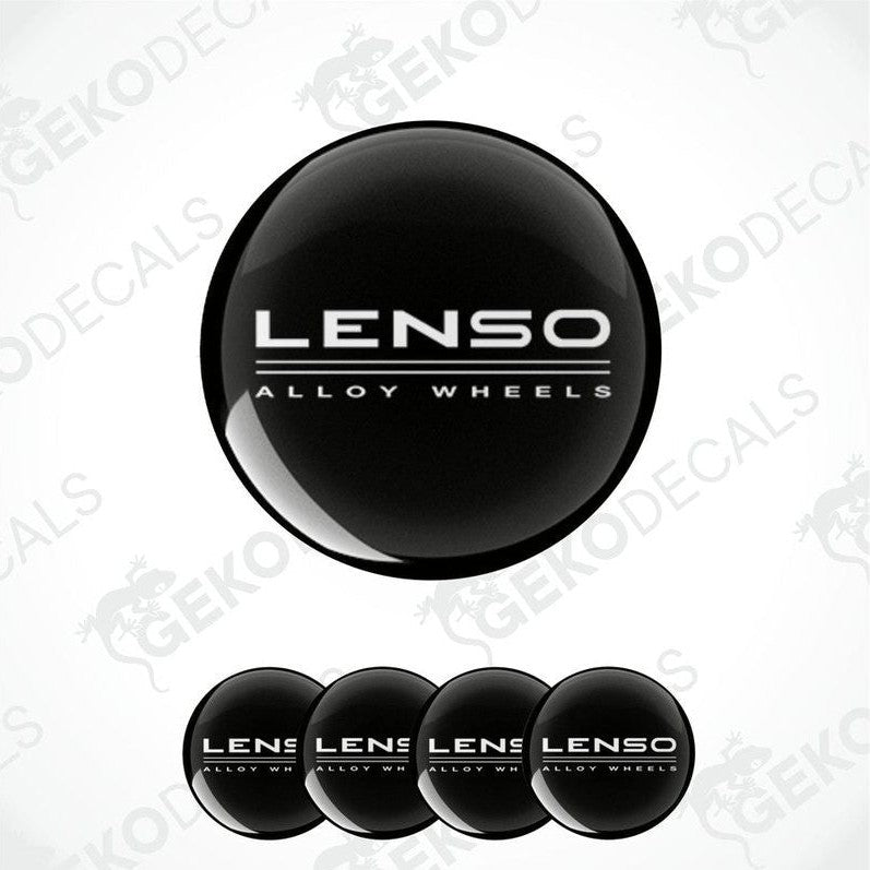 A set of four black vinyl decals with the text 'LENSEO ALLOY WHEELS' on them, arranged in a square formation.