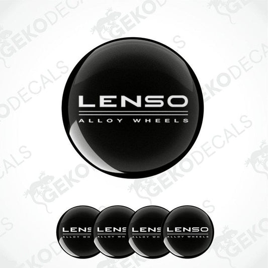 A set of four black vinyl decals with the text 'LENSEO ALLOY WHEELS' on them, arranged in a square formation.