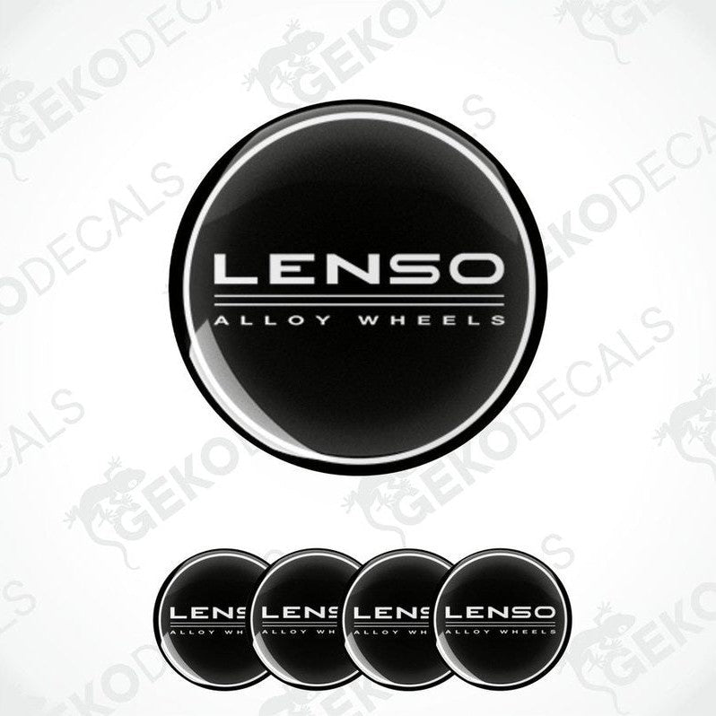 A set of four black vinyl stickers with the LENSO Allloy Wheels branding in white text.