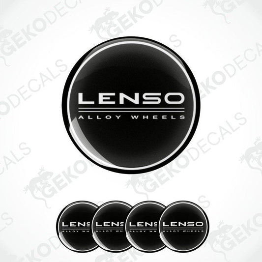 A set of four black vinyl stickers with the LENSO Allloy Wheels branding in white text.
