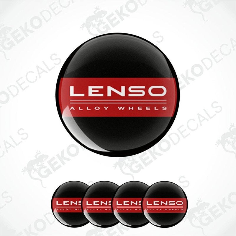 A set of four round vinyl stickers with the LENSO brand logo and the text 'Alloy Wheels' in red and black colors.