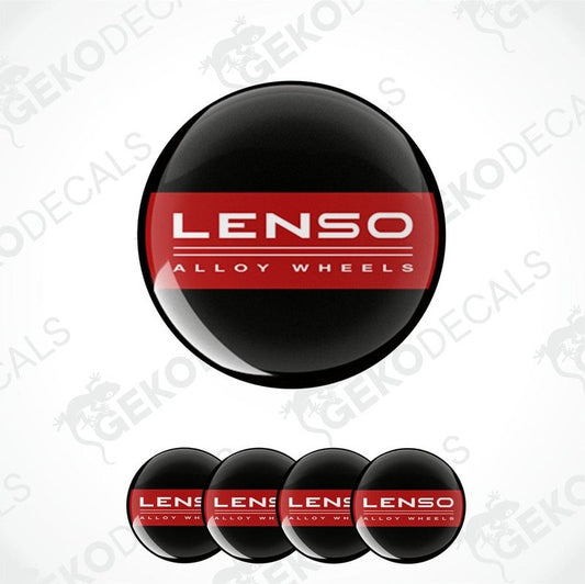 A set of four round vinyl stickers with the LENSO brand logo and the text 'Alloy Wheels' in red and black colors.
