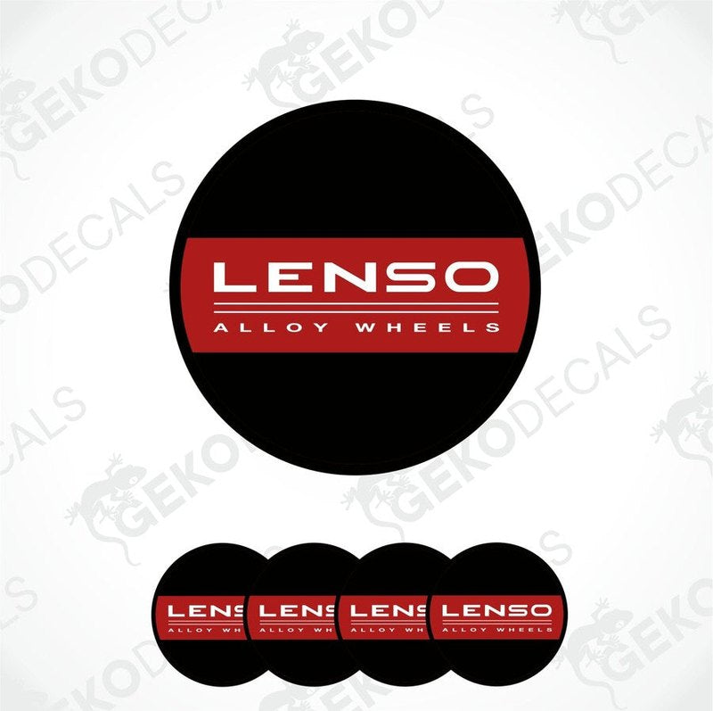 A set of four round vinyl stickers with the LENSO brand logo and the text 'Alloy Wheels' in red and black colors.