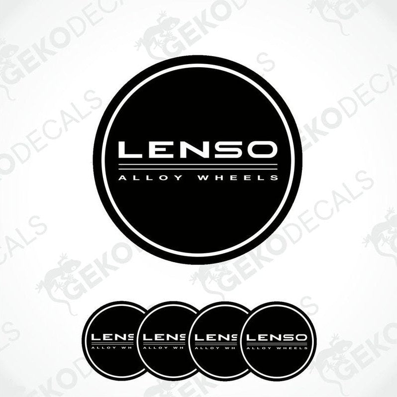 A set of four black vinyl stickers with the LENSO Allloy Wheels branding in white text.