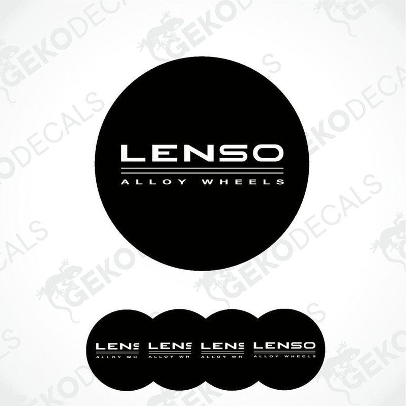 A set of four black vinyl decals with the text 'LENSEO ALLOY WHEELS' on them, arranged in a square formation.