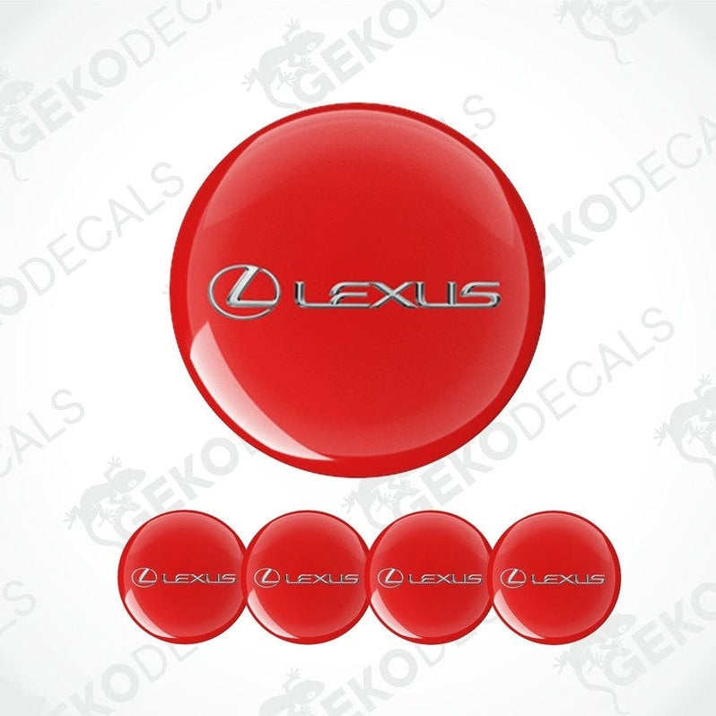 A set of red vinyl decals with the Lexus logo applied on them, typically used as car wheel caps.