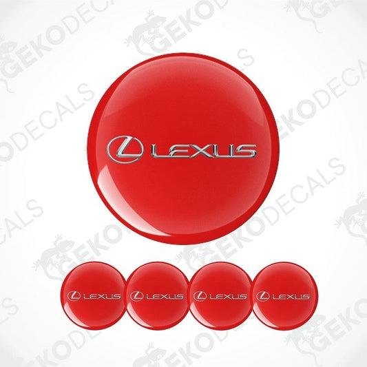 A set of red vinyl decals with the Lexus logo applied on them, typically used as car wheel caps.