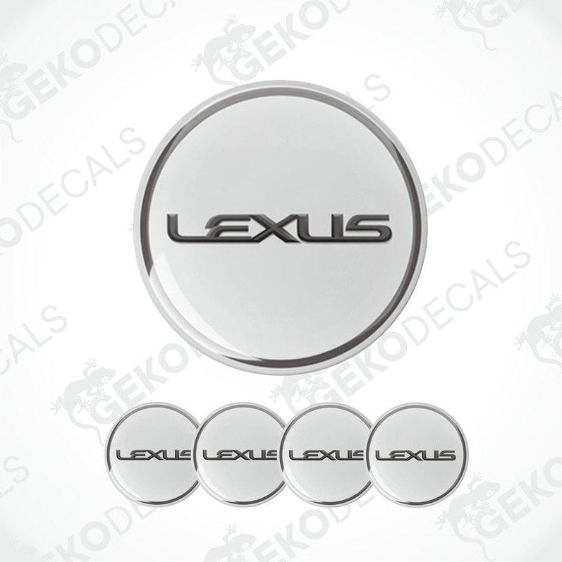 A set of four white vinyl decals with the black LEXUS logo, designed for use as car wheel caps or stickers.