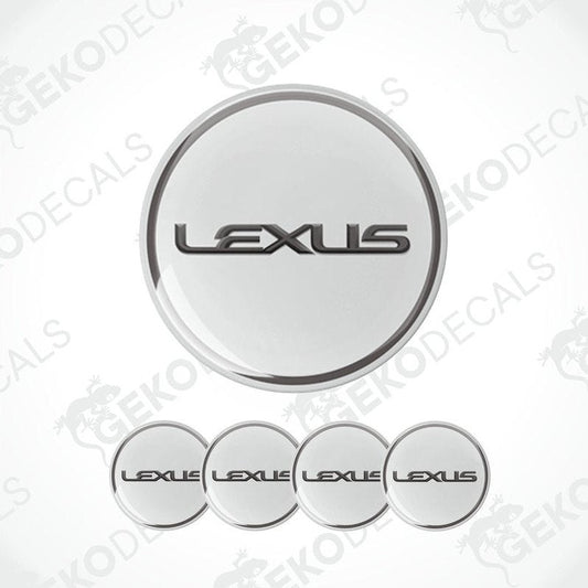 A set of four white vinyl decals with the black LEXUS logo, designed for use as car wheel caps or stickers.