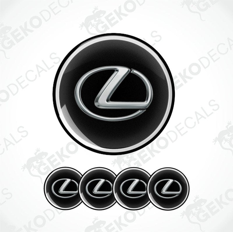 Set of four black vinyl decals with the LEXUS logo, designed for use as car wheel caps.
