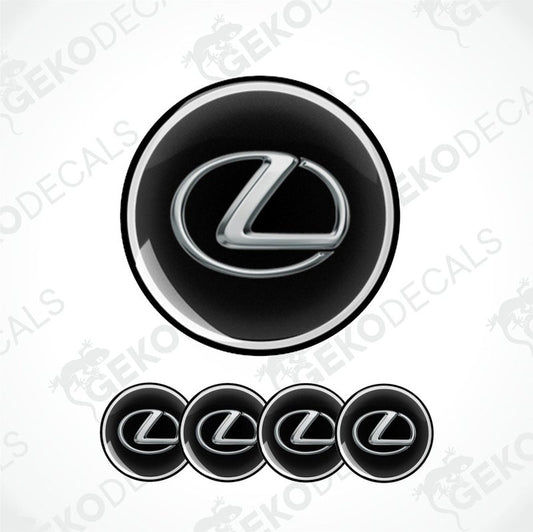 Set of four black vinyl decals with the LEXUS logo, designed for use as car wheel caps.
