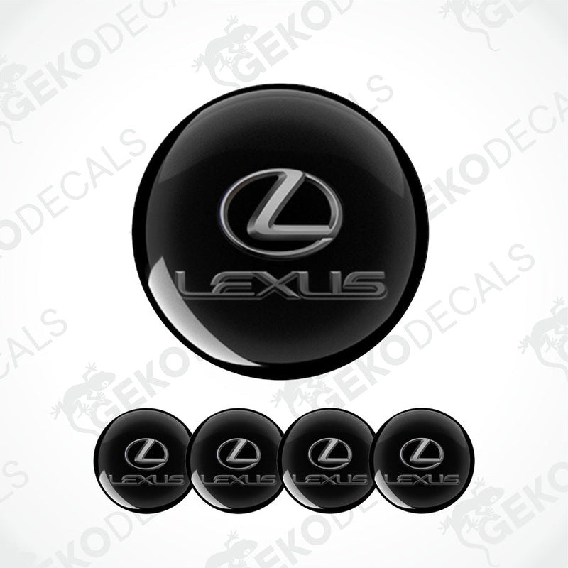A set of four black round car decals with the grey Lexus logo.