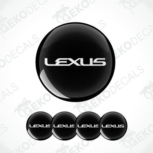 A set of four black vinyl stickers with the LEXUS brand logo on them.