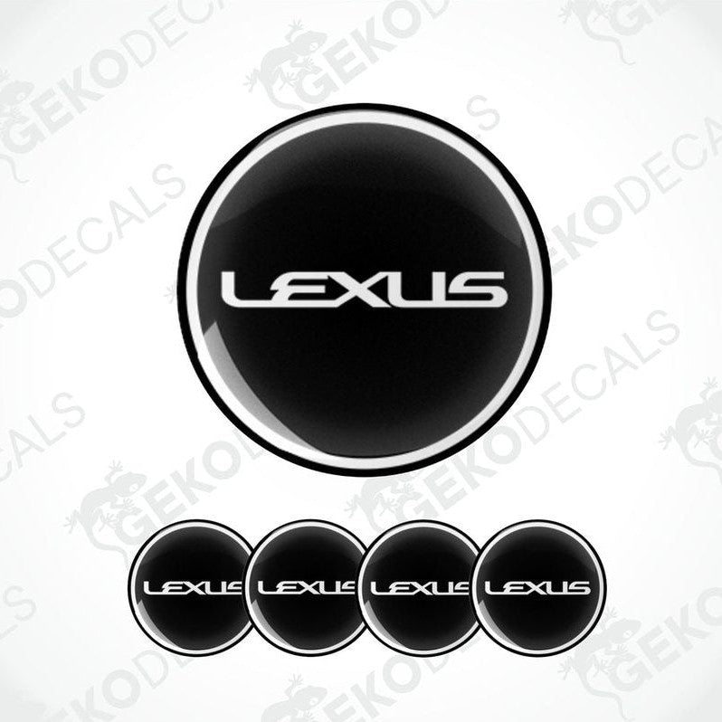 A set of four black vinyl stickers with the LEXUS brand logo on them.